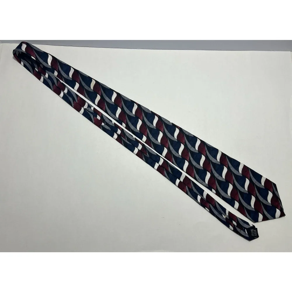 Oscar de la Renta Mens Silk Tie Navy Burgundy Silver White Abstract Wave Pattern